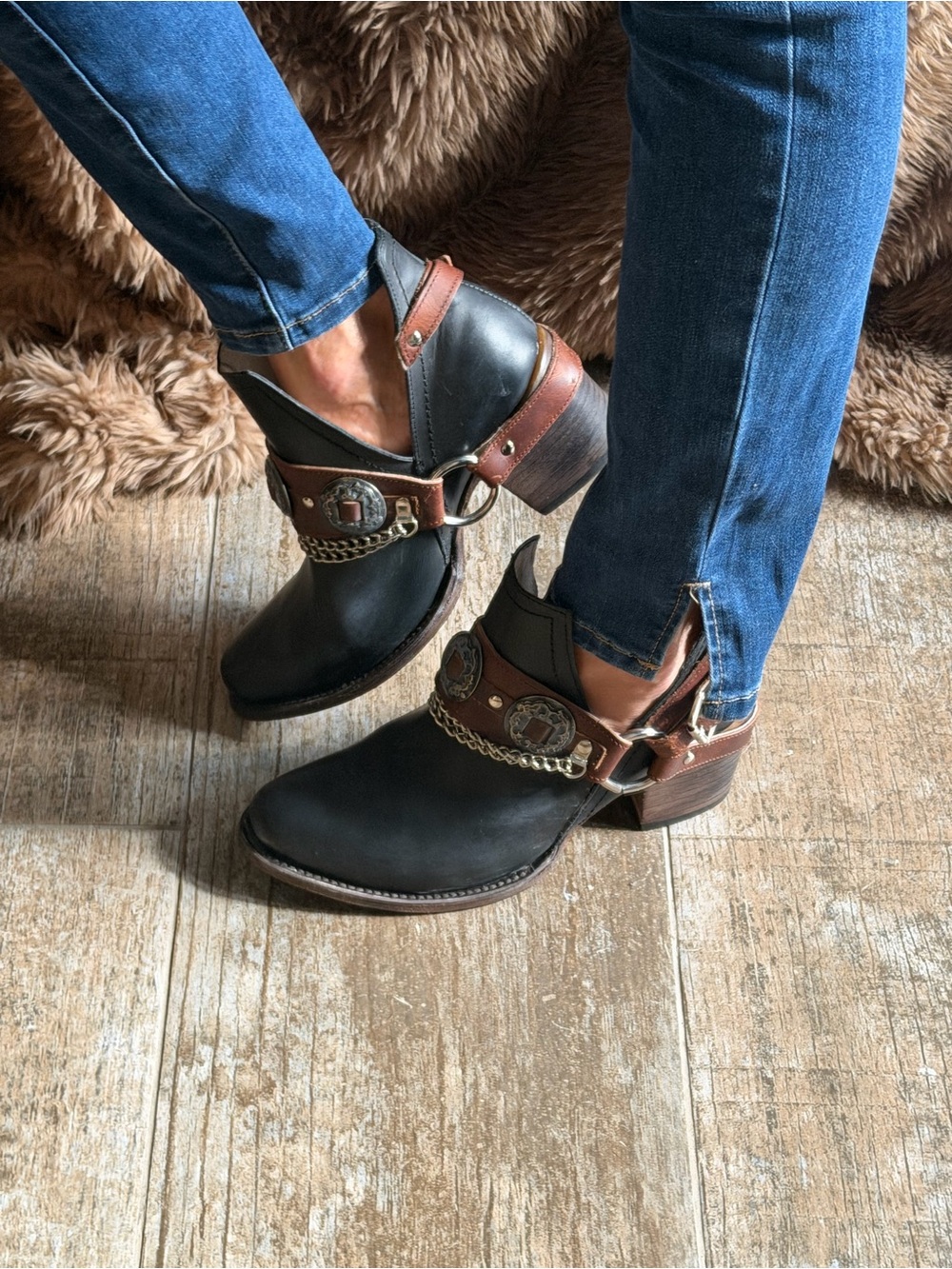 Freebird Black Leather Western Ankle Boots Mystic Bootie with silver conches
